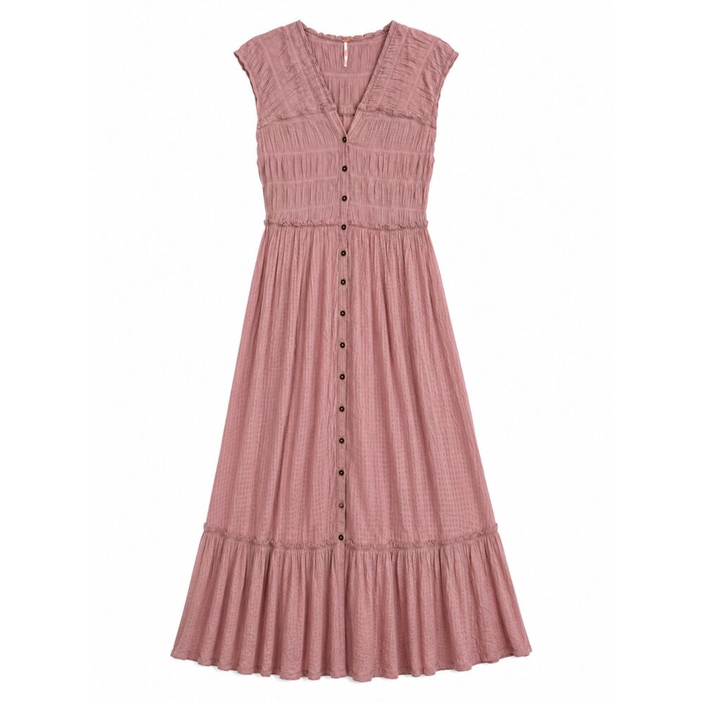 Free People Midi Dress Sz Medium Desert Dazed Pink Cotton Short Sleeve Smocked - Picture 1 of 9